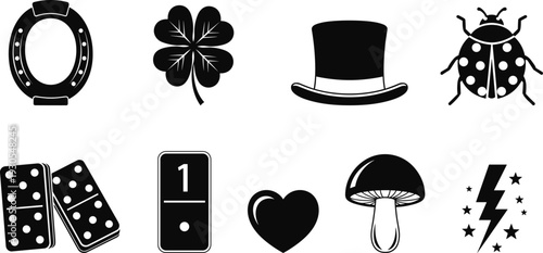 Black and white lucky charm icons collection featuring horseshoe, four leaf clover, top hat, ladybug, domino tiles, heart, mushroom, lightning bolt with stars
