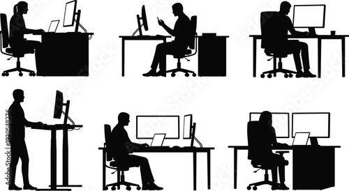 Black and white office workstation silhouettes showing diverse desk setups, computer monitors, laptops, smartphones, ergonomic postures, standing desks, and modern workplace technology