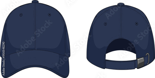 Baseball cap front and back view mockup with adjustable strap for fashion branding, merchandise presentation, and headwear design vector illustration.