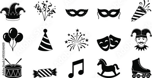 Carnival party silhouette icon set with masks, jester hat, balloons, drum and fireworks, black and white vector illustration for celebration and festival design