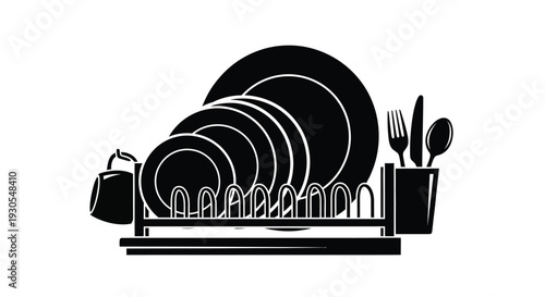 A stark black silhouette depicts a collection of clean dishes and cutlery drying on a rack silhouette high quality professional