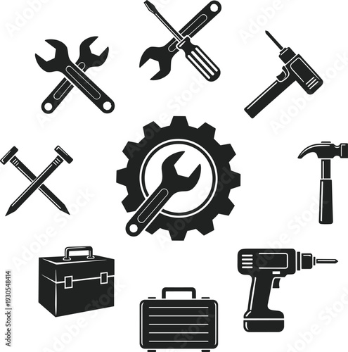 Black Silhouette Industrial Work Tool Set Featuring Gear Wrench Hammer Drill and Toolbox Icons for Professional Repair Maintenance and DIY Home Improvement Projects