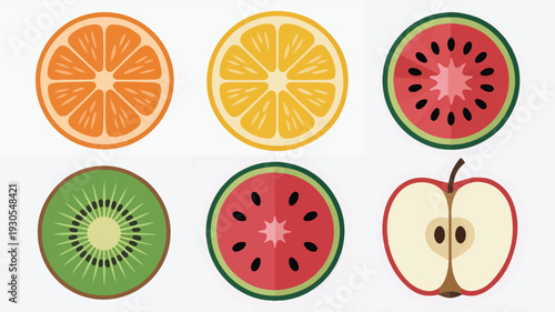 Bright fruit slices and whole fruits arranged on light background
