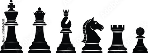 Chess pieces silhouette set including king, queen, bishop, knight, rook and pawn, black and white vector illustration for strategy game and board design