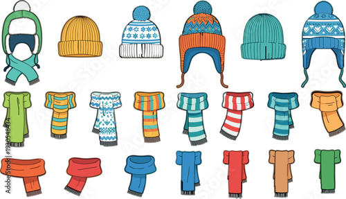 Winter Clothing Accessories Icons Set Featuring Knit Hats, Scarves and Warm Seasonal Apparel Vector Illustration Collection for Cold Weather Fashion
