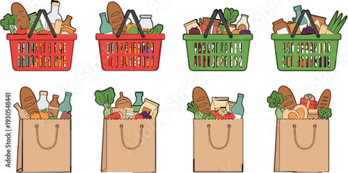 Grocery Shopping Baskets and Paper Bags with Fresh Food Products Vector Illustration Featuring Vegetables, Bread, Dairy and Supermarket Supplies Collection