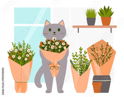 Flat vector illustration of a grey cat arranging flowers in a small flower shop