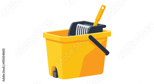 A brightly colored yellow bucket with a black mop and cleaning tools inside a flat silhouette high quality professional detailed modern