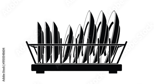 A black silhouette of a dish rack filled with plates cutlery and glassware creating a stark contrast silhouette high quality professional