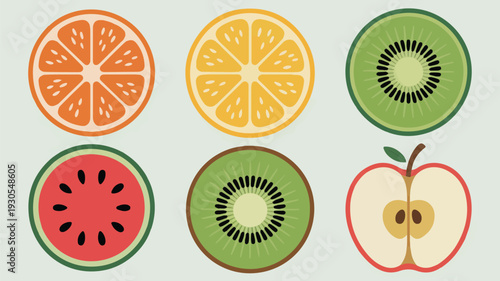 Set of circular fruit cross sections including orange lemon kiwi watermelon and red apple