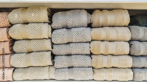Pastel colored towel closeup on retail display with soft textured fabric background