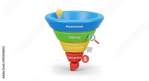 Marketing funnel illustration representing stages of customer conversion journey.