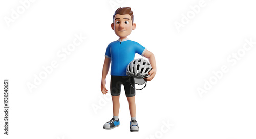 Cheerful cyclist holding a helmet, ready for a ride outdoors