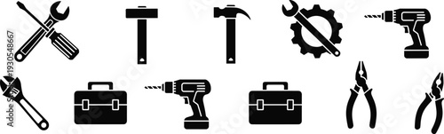 Black Silhouette Construction Hand Tools Set Illustration with Hammer Wrench Screwdriver Drill Pliers Saw Gear Toolbox for DIY Repair Workshop Mechanic and Handyman Designs