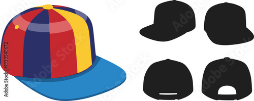 Baseball cap mockup set with colorful snapback and black silhouette views for fashion branding, merchandising, and headwear design vector illustration.