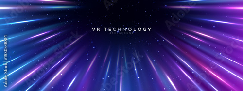 Futuristic VR Technology Light Speed Starfield Background Design Media. Abstract light rays background. Virtual Reality Technology background with zoom effect. 