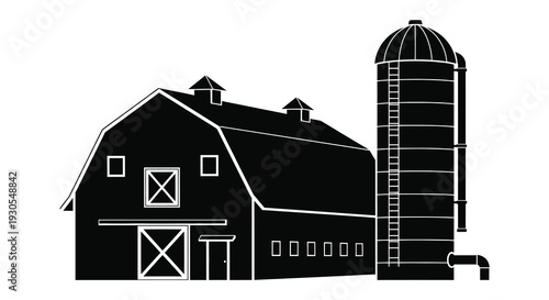A striking black silhouette depicts a classic rural barn and silo evoking a sense of peaceful countryside life silhouette high quality