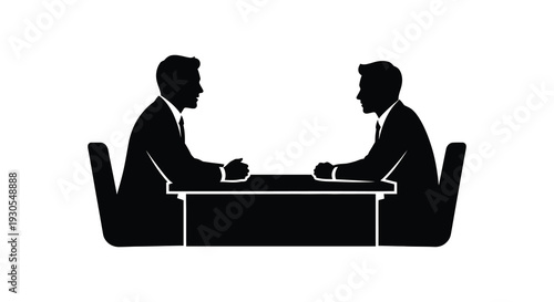 Two men in suits seated across a table from each other engaged in a formal discussion silhouette high quality professional detailed
