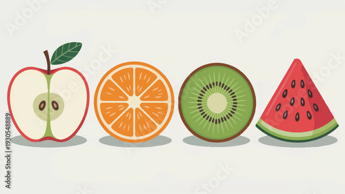 Four distinct fruit slices in line featuring apple half orange kiwi and watermelon wedge