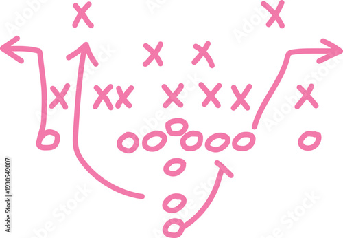 Hand drawn pink doodle illustrating a football offensive play diagram showing player movement and blocking assignments on a field.