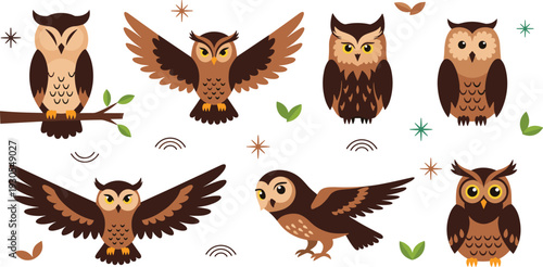 Cute Cartoon Owl Illustrations Set with Perched Flying Wing-Spread Poses Leaves Stars Sound Waves and Decorative Elements, Adorable Birds Collection for Kids Nature Wildlife and Whimsical Designs