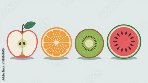 Four cross-sectioned fruits vector illustration isolated on light background for healthy lifestyle