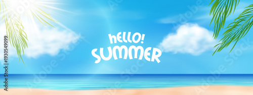 Tropical beach background with hello summer text banner graphics. hello summer text banner for seasonal travel and vacation design use.