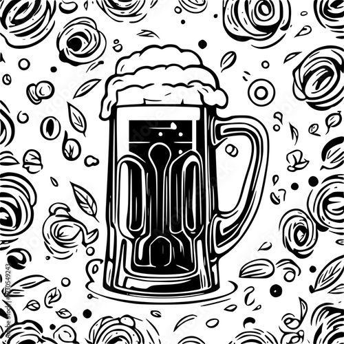 A vibrant vector illustration of a traditional German beer mug (Stein) filled with golden lager and topped with thick white foam. 