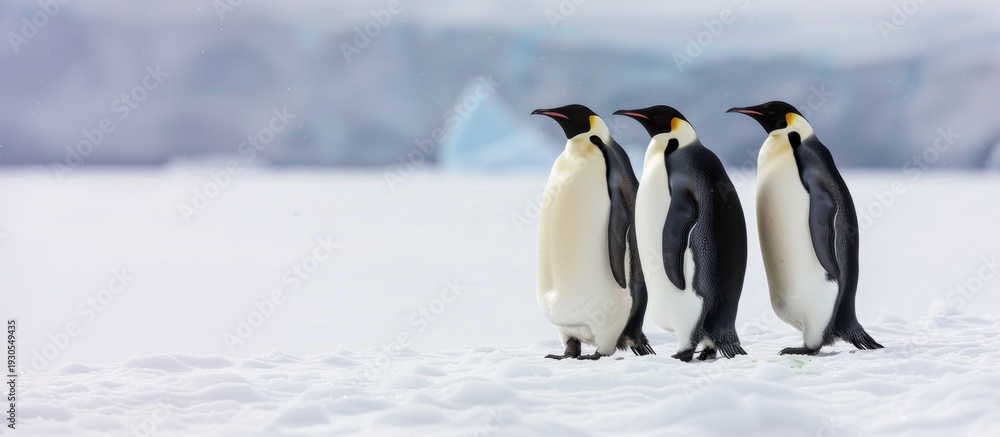 Obraz premium Four emperor penguins stand on a snowy landscape. Their black and white feathers contrast with the icy background. The scene captures the essence of Antarctic wildlife.