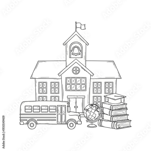 Educational School Building Illustration with Bus Globe and Books in Line Art Style
