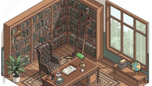 Cozy isometric office interior with wooden shelves and desk view.