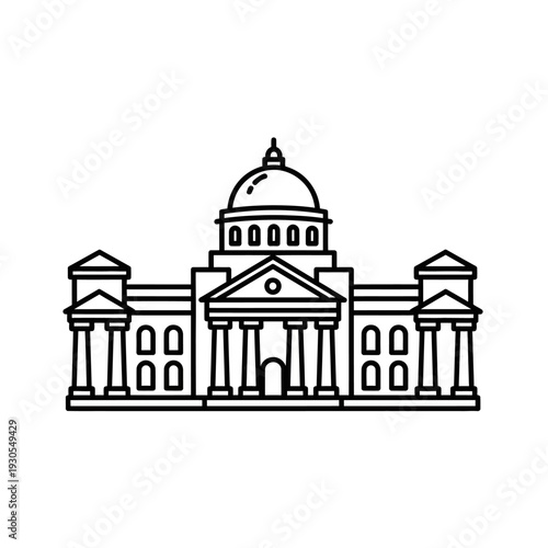 Elegant Architectural Line Drawing of a Classic Government Building with Dome and Columns
