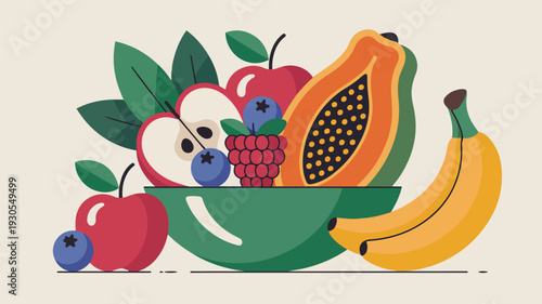 Assorted fresh fruit bowl vector illustration with apples papaya banana blueberry raspberry