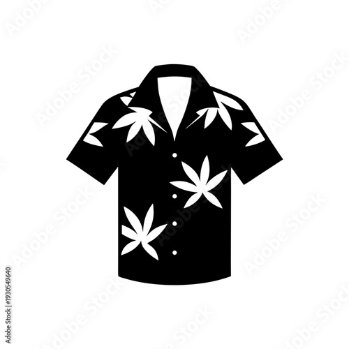 Black and white hawaiian style short sleeve button-up shirt with cannabis leaf print