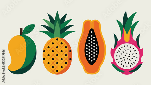 Tropical fruits collection mango pineapple papaya dragon fruit for healthy diet and summer
