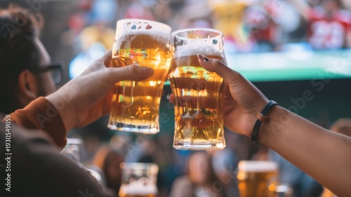 Two hands clinking glasses of beer in a lively bar setting. The background shows blurred figures enjoying drinks and watching a sports event.