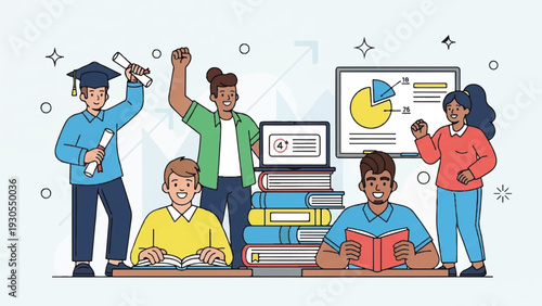 Group of students in a classroom actively studying with books and computers for collaborative learning and education.