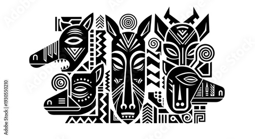 Tribal animal masks in modern geometric art style
