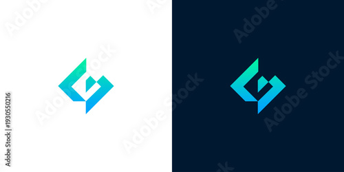 Modern abstract geometric logo design, a minimalist 'G' or '6' symbol in blue and green gradient on white and dark backgrounds