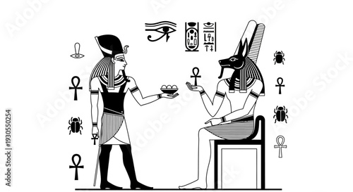 Ancient Egyptian pharaoh and Anubis ritual offering scene