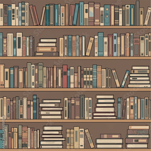 Cozy Library Bookshelves Full of Worn Hardcovers and Spines in a Quiet Study Room.