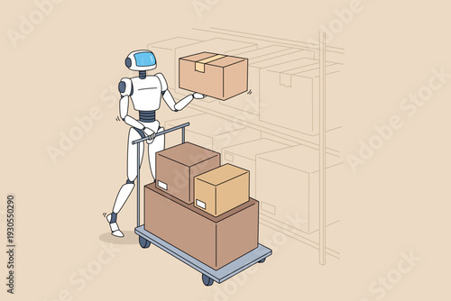 Automated Robot Managing Packaging Process. Selfoperating Machine Arranging Boxes On Shelves