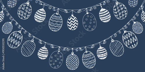 Festive garland of hand drawn easter eggs against a dark blue background