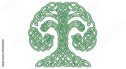 Intricate Celtic tree design with knotwork patterns in green