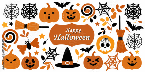 Colorful halloween elements including pumpkins bats and a spiderweb design