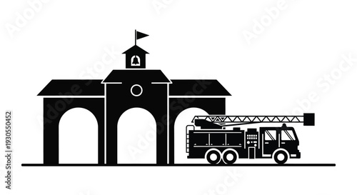 A striking black silhouette depicts a classic building facade with a fire truck parked in front silhouette high quality professional detailed