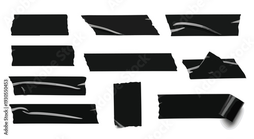 Set of 10 Black Duct Tape Pieces with Wrinkles Vector