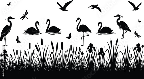 Black Silhouette Wetland Scene with Flamingos Swans Herons Flying Birds Dragonflies Butterflies Reeds Iris Flowers and Cattails for Nature Wildlife Pond Lake and Tranquil Landscape Designs
