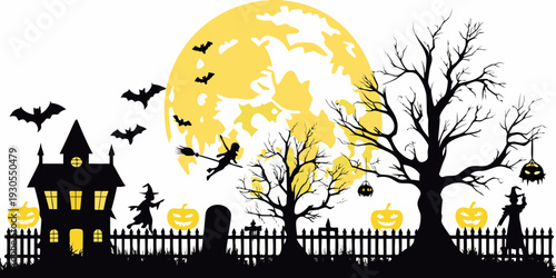 A spooky halloween scene with bats a witch and a large full moon