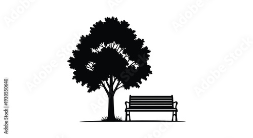 A stark black tree and park bench are depicted against a white backdrop creating a striking silhouette high quality professional detailed